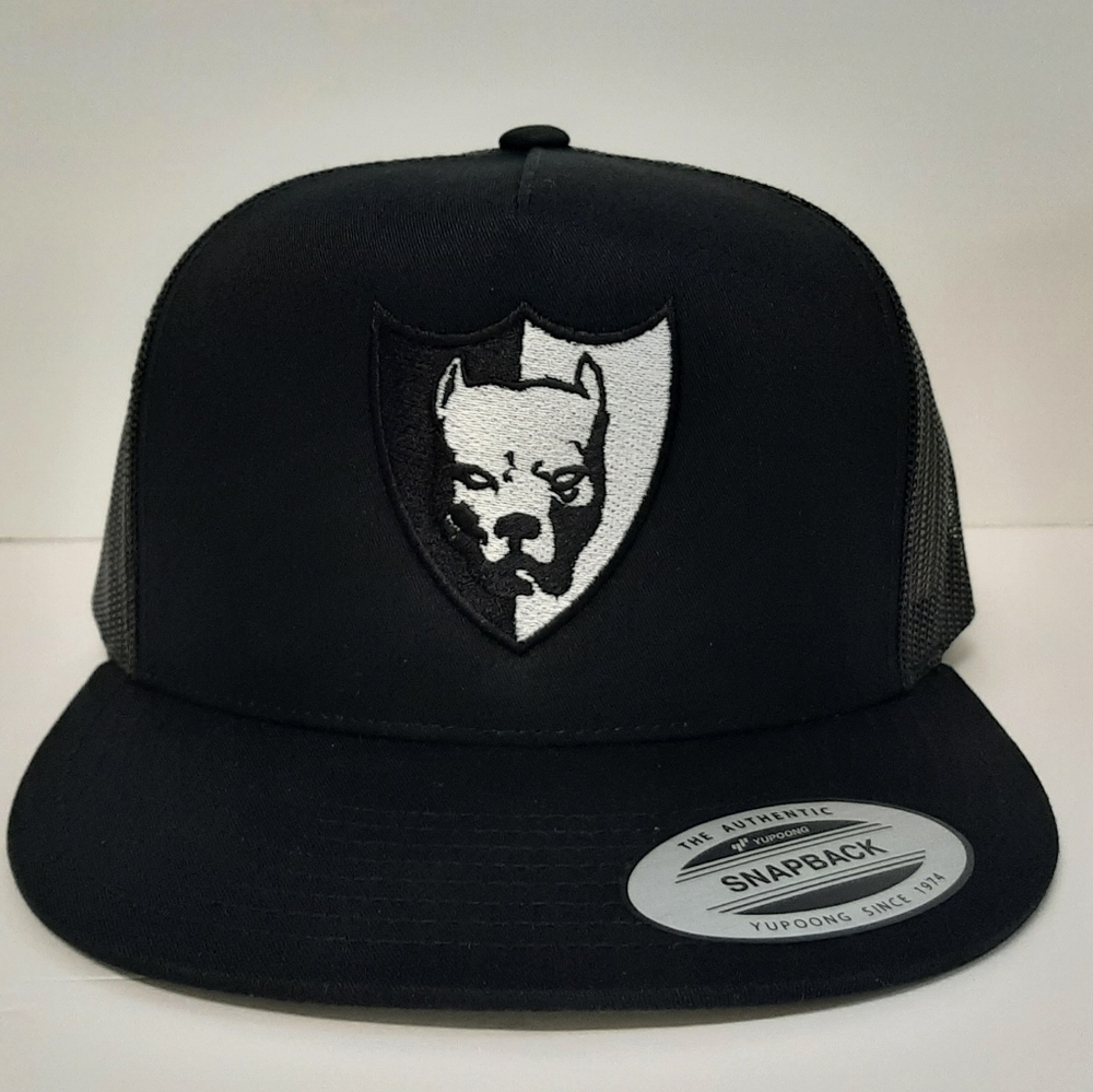 Pitbull Shield Flat Bill Mesh Snapback Hat Black Embroidered